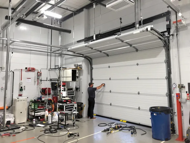 Newtown Garage Door Repair certified technician performing commercial door repair at a Newtown business facility