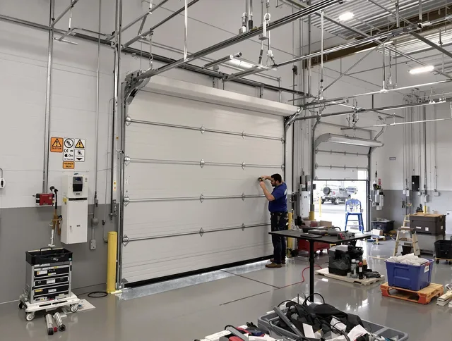Commercial garage door repair being performed by Newtown Garage Door Repair expert in Newtown
