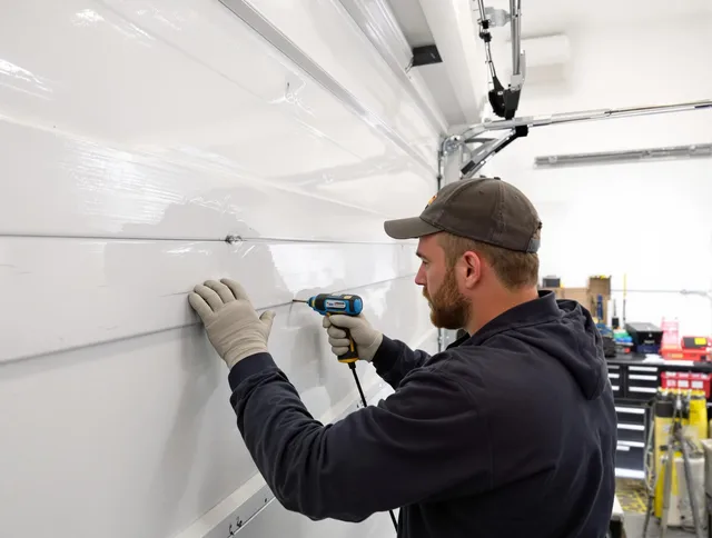Newtown Garage Door Repair technician demonstrating precision dent removal techniques on a Newtown garage door