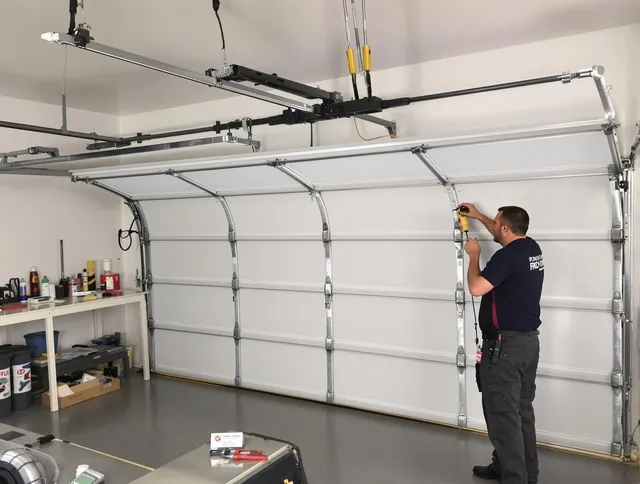 Newtown Garage Door Repair certified technician performing overhead door system repair in Newtown