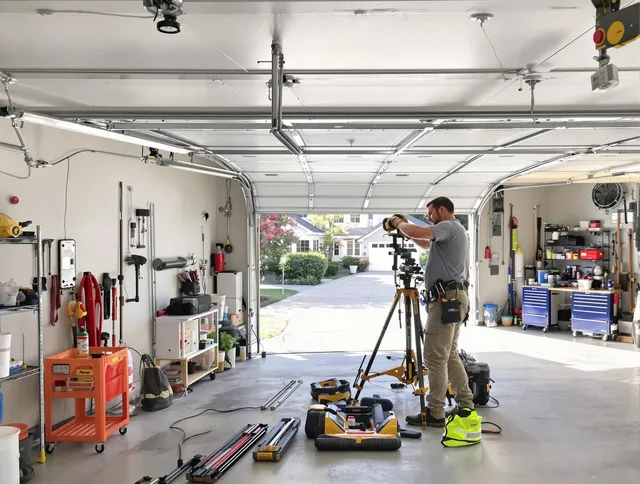 Newtown Garage Door Repair specialist performing laser-guided track alignment in Newtown
